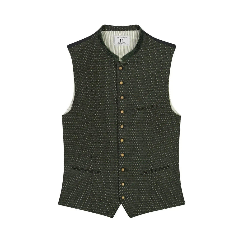 Green patterned vest with button details on a white background