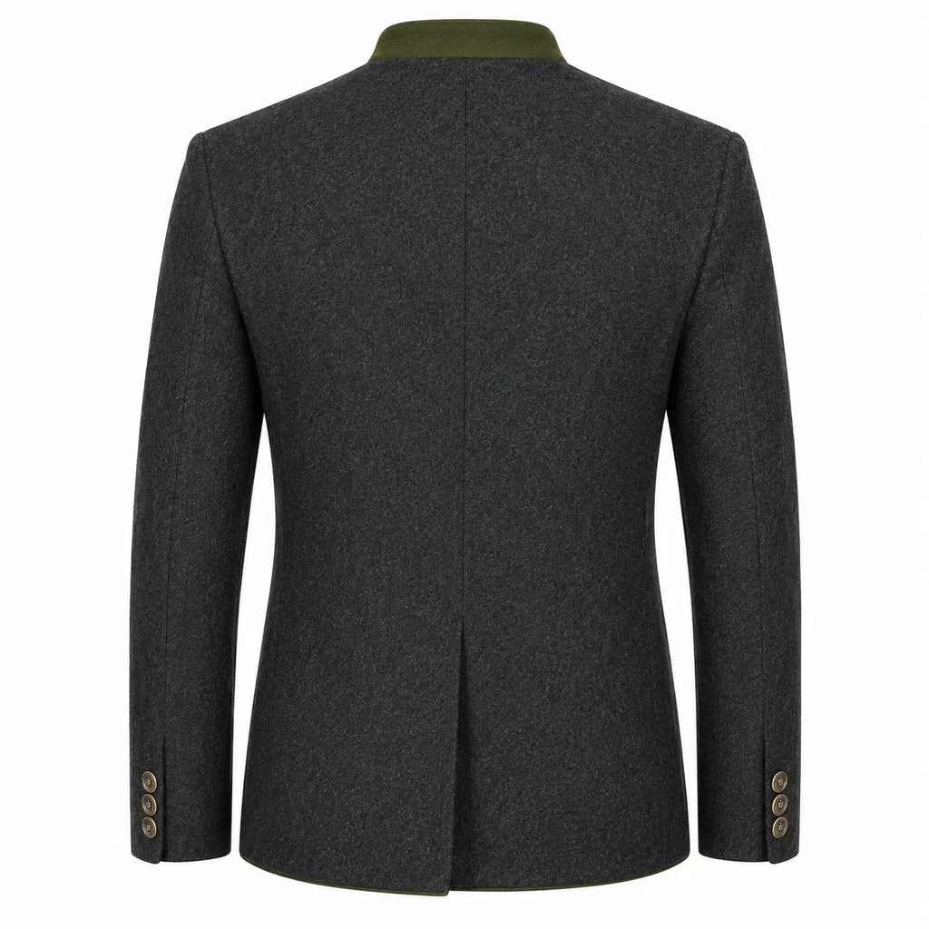 The back view of a dark gray textured wool blazer with a contrasting olive green collar and three gold buttons on the cuffs, shown on a plain white background.