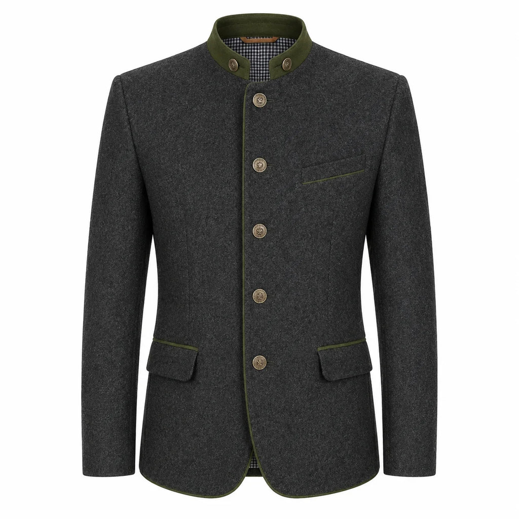 A dark gray wool-blend jacket with olive green trim on the collar, front buttons, and pocket edges, shown on a plain white background.