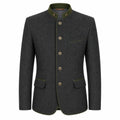 A dark gray wool-blend jacket with olive green trim on the collar, front buttons, and pocket edges, shown on a plain white background.