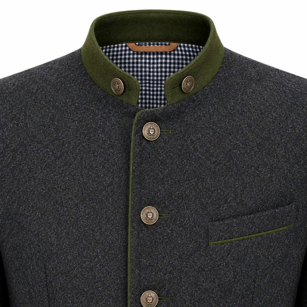 Close-up of a dark gray wool jacket with an olive green mandarin collar, matching green piping, and bronze-colored buttons, showing a checkered lining inside the collar.