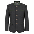 A dark gray textured wool jacket with a mandarin collar, featuring green piping details on the collar, pocket flaps, and front trim, and four brown buttons down the center front.