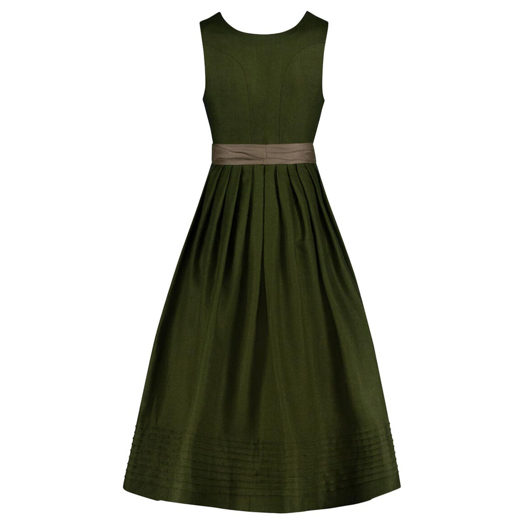 Green dress with a brown belt on a white background