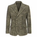 A men's double-breasted blazer in textured taupe-brown suede or nubuck fabric, featuring gold-tone buttons and a classic notch lapel, shown against a plain white background.