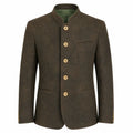 A men's traditional jacket in dark brown textured wool with a mandarin collar, five gold buttons, and a green lining, shown on a plain white background.