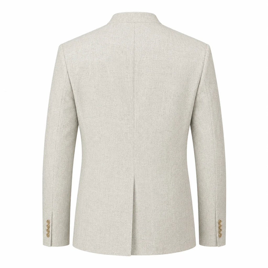The back view of a light beige textured blazer with a center seam and gold button accents on the cuffs, shown on a plain white background.