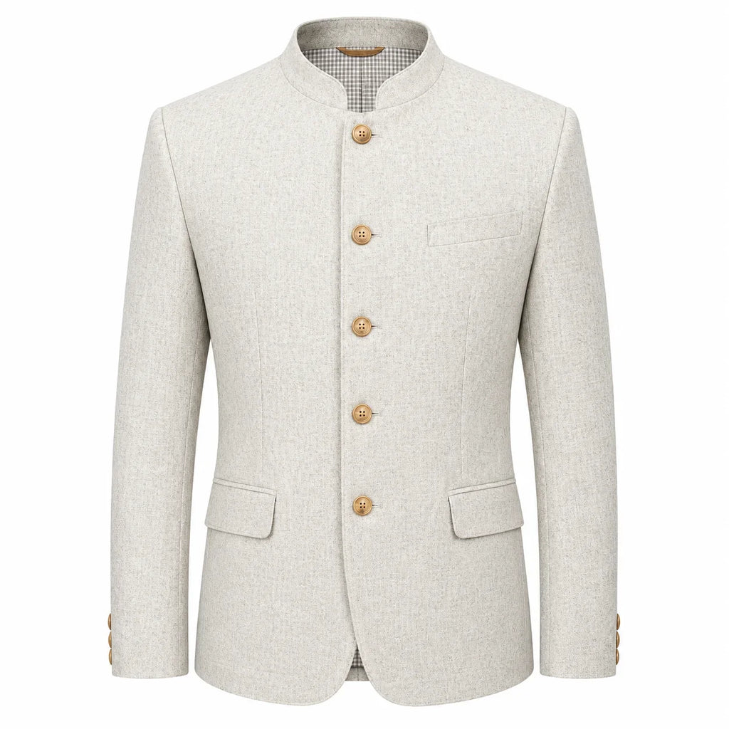 A light beige textured jacket with a mandarin collar, five gold buttons, and flap pockets, shown on a plain white background.
