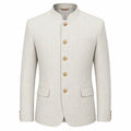 A light beige textured jacket with a mandarin collar, five gold buttons, and flap pockets, shown on a plain white background.