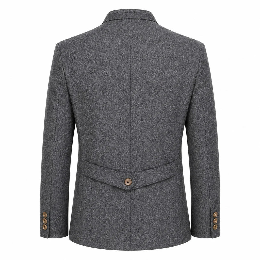 The back view of a men's gray textured blazer with a single button closure at the waist and button details on the cuffs, shown on a plain white background.