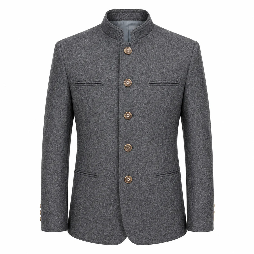 A men's gray textured wool jacket with a mandarin collar and four brown buttons, shown on a plain white background.