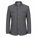 A men's gray textured wool jacket with a mandarin collar and four brown buttons, shown on a plain white background.