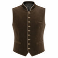 A dark brown velvet waistcoat with a mandarin collar, decorative gold-tone buttons, and beige contrast piping, shown on a plain white background.