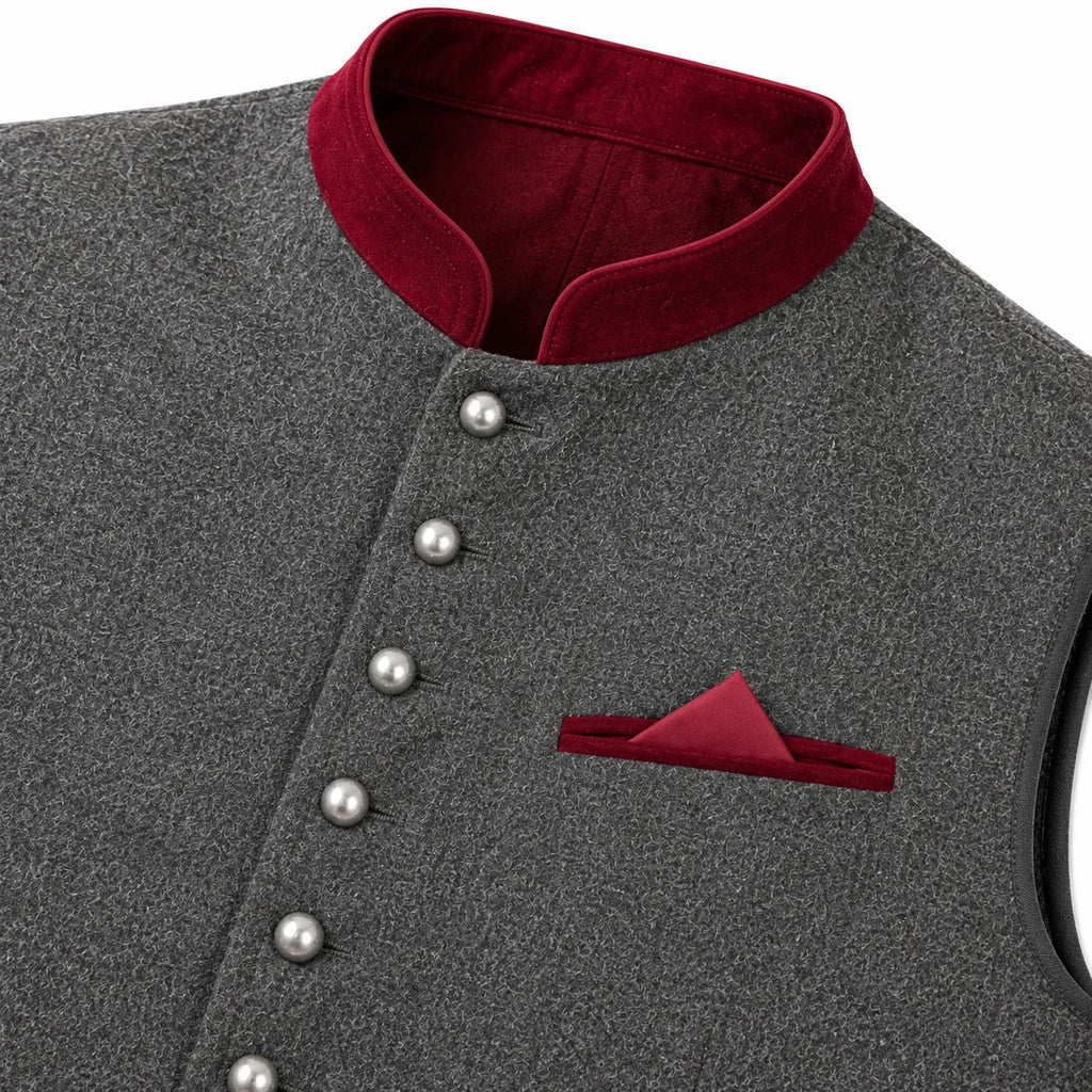 Close-up of a dark gray textured waistcoat with a contrasting deep red velvet stand collar, decorative silver buttons, and a matching red pocket square.
