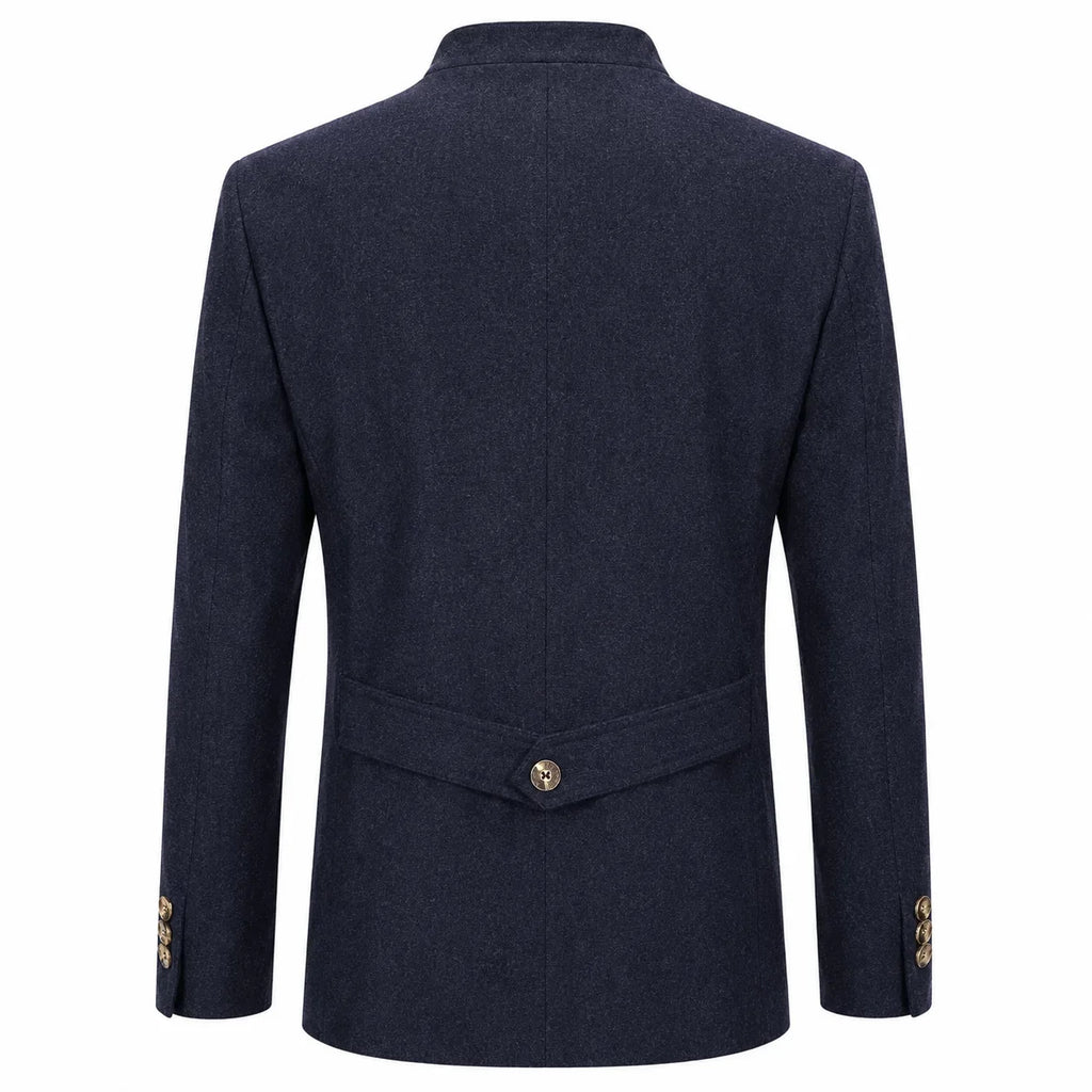 A dark navy blue wool-blend blazer shown from the back, featuring a single gold button at the waist and gold button detailing on the cuffs, set against a plain white background.