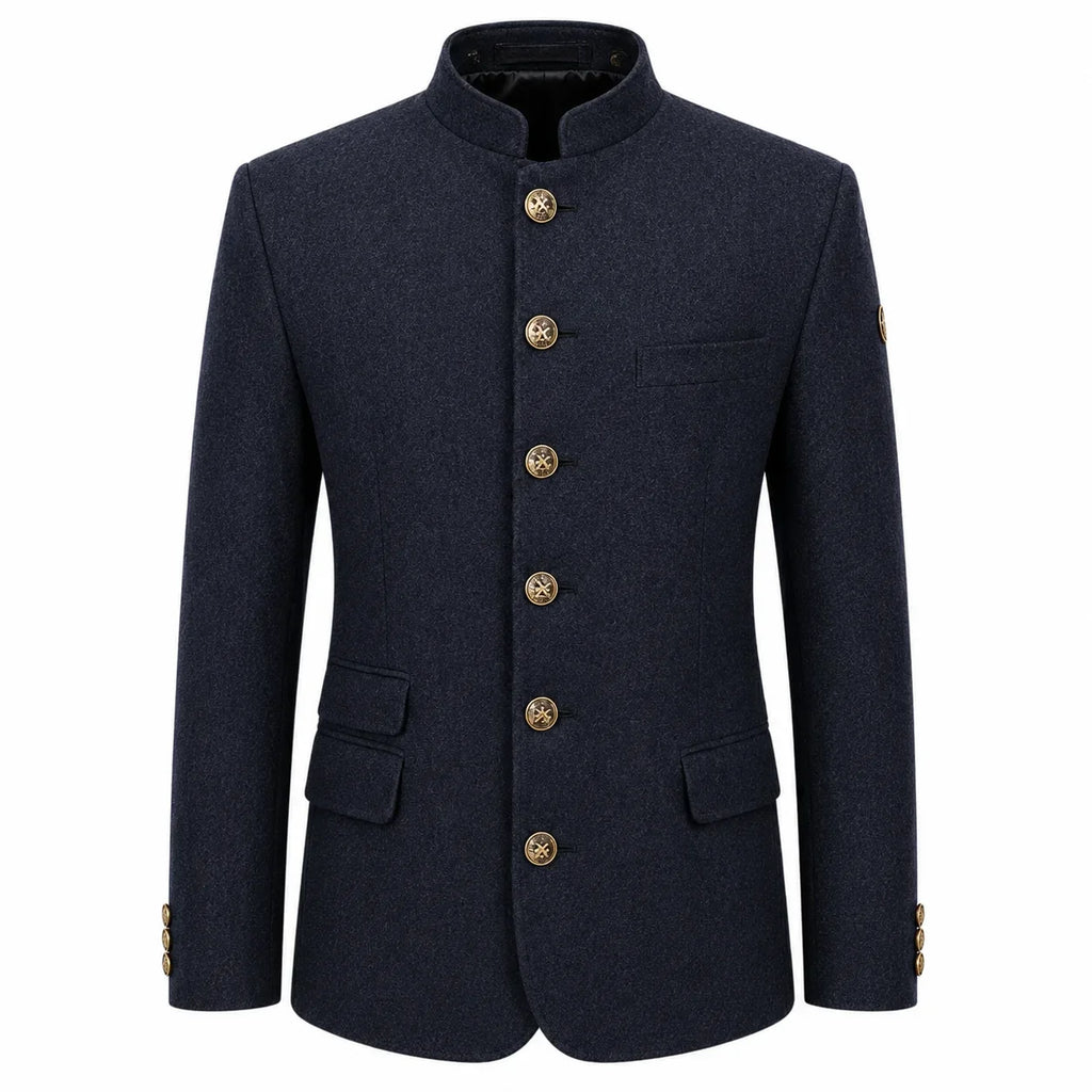 A men's dark navy blue jacket with a mandarin collar, gold-tone decorative buttons down the front, flap pockets, and a single chest pocket, shown on a plain white background.