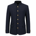 A men's dark navy blue jacket with a mandarin collar, gold-tone decorative buttons down the front, flap pockets, and a single chest pocket, shown on a plain white background.