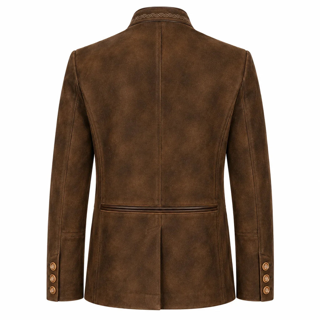 A brown suede-textured blazer shown from the back, featuring a high collar with decorative stitching, a single horizontal seam at the waist, and three gold-tone buttons on each sleeve cuff.
