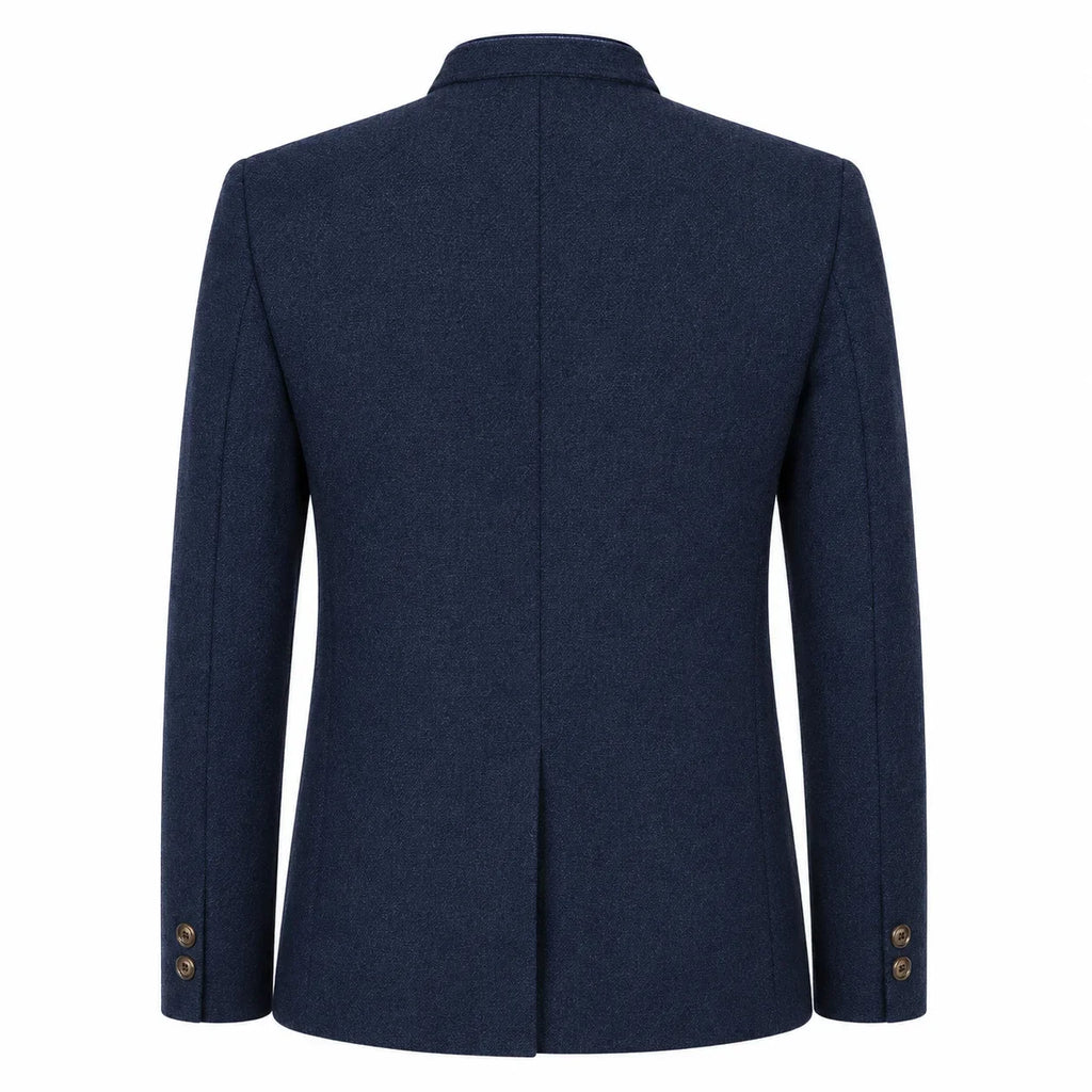 A dark navy blue blazer shown from the back, featuring a structured collar, long sleeves, and decorative gold buttons on the cuffs, set against a plain white background.