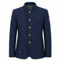 A men's navy blue wool-blend jacket with a mandarin collar, five decorative gold-tone buttons, and flap pockets, shown on a plain white background.