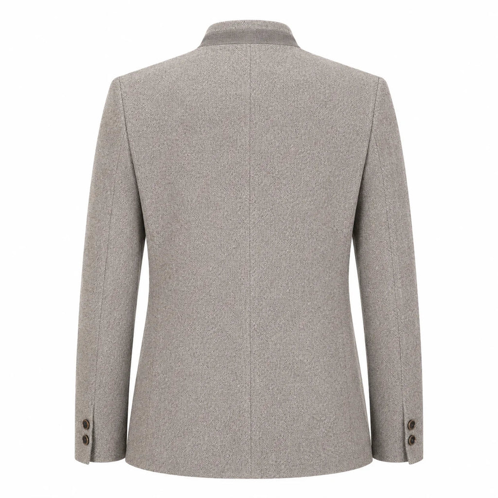 A light gray textured wool blazer shown from the back, featuring a structured collar, long sleeves with button cuffs, and a clean center seam, set against a plain white background.