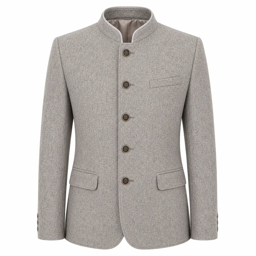 A light gray textured wool jacket with a mandarin collar, five dark brown buttons, and flap pockets, shown on a plain white background.