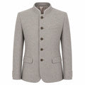 A light gray textured wool jacket with a mandarin collar, five dark brown buttons, and flap pockets, shown on a plain white background.
