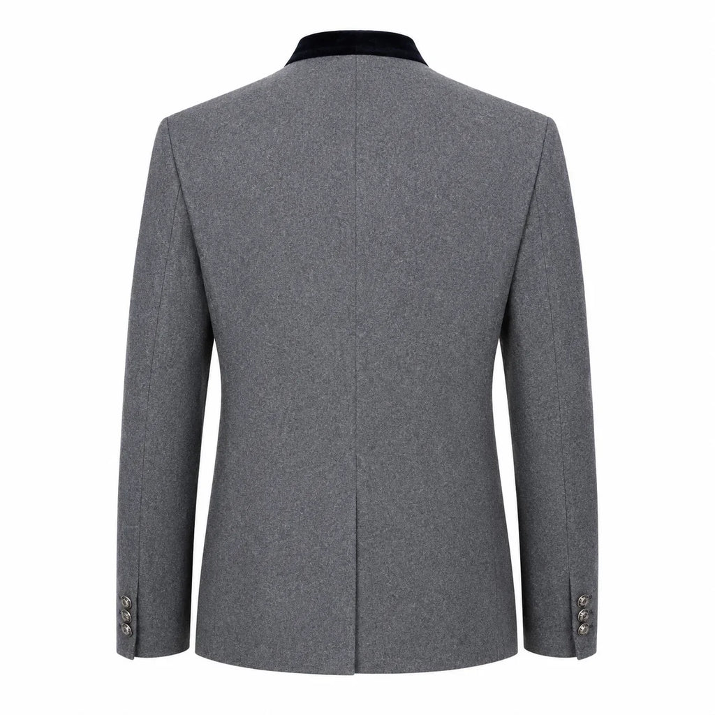 The back view of a men's gray wool blazer with a contrasting black collar, displayed on a clean white background.