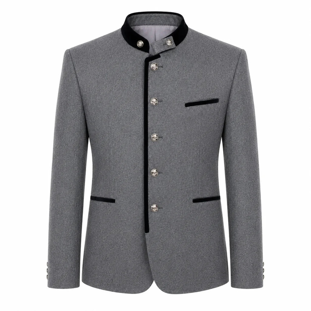 A gray men's traditional jacket with a mandarin collar, black trim, and silver-tone buttons, shown on a plain white background.
