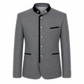 A gray men's traditional jacket with a mandarin collar, black trim, and silver-tone buttons, shown on a plain white background.
