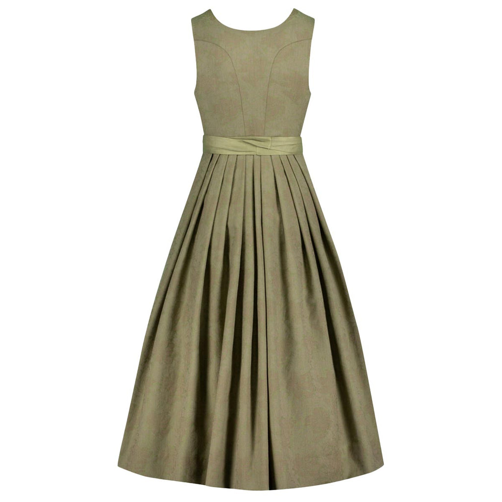 Green dress with a belt on a white background