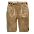 Brown leather shorts with intricate embroidery on a white background