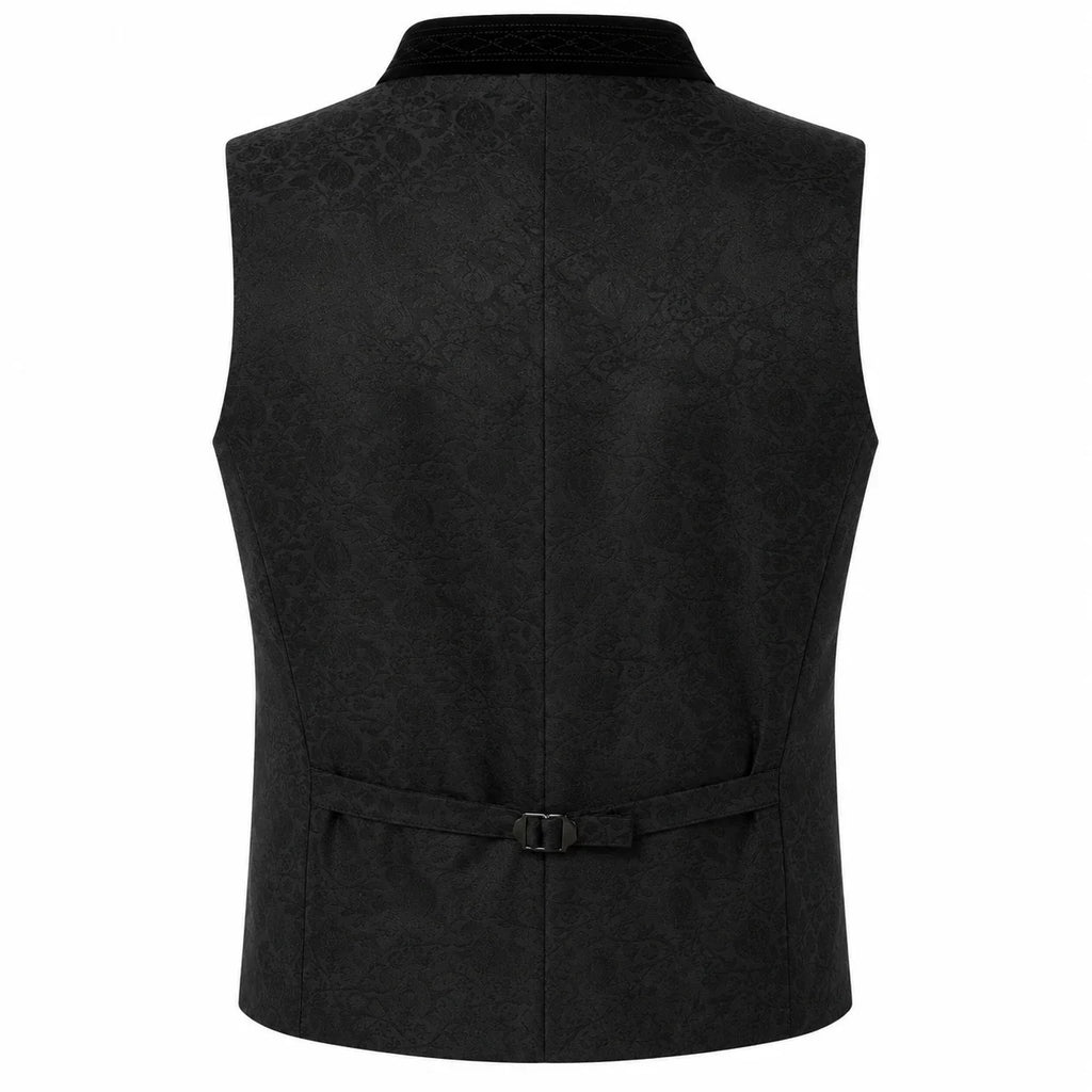 Black waistcoat vest with a subtle damask pattern, featuring a collar and a matching tie belt at the back, shown on a plain white background.