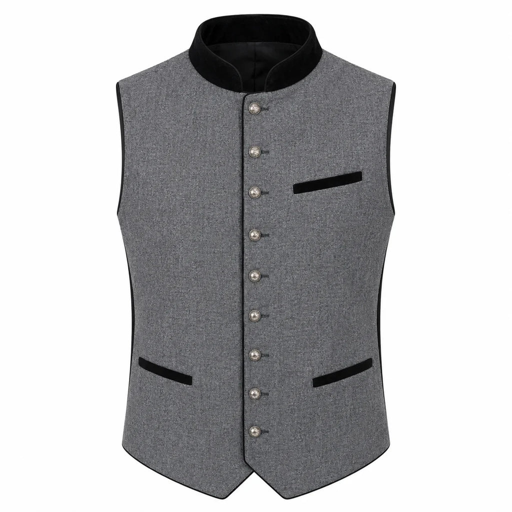 A gray textured waistcoat vest with black velvet trim, featuring a mandarin collar, silver-tone front buttons, and two front pockets, shown against a plain white background.