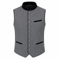 A gray textured waistcoat vest with black velvet trim, featuring a mandarin collar, silver-tone front buttons, and two front pockets, shown against a plain white background.