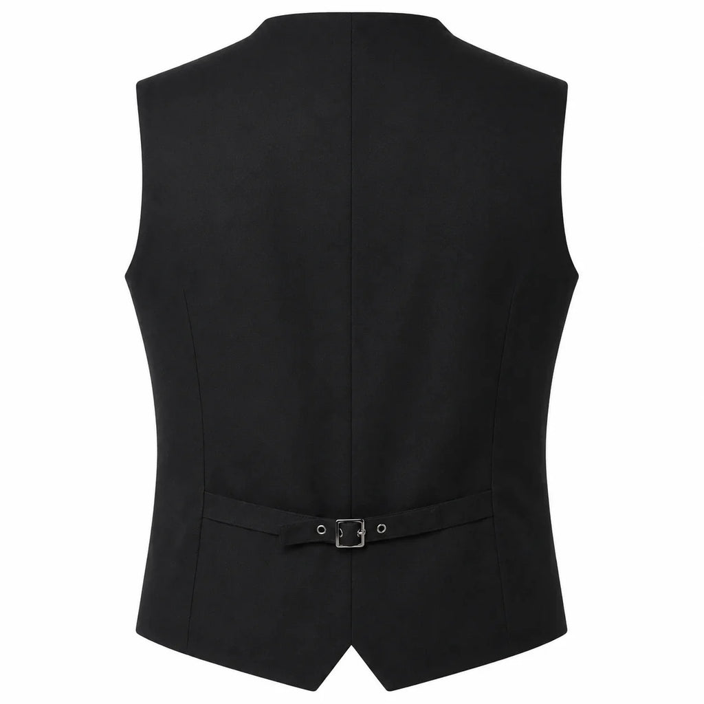 Black waistcoat vest shown from the back, featuring a structured silhouette, a matching tie belt with a silver buckle at the waist, and a notched lapel neckline, set against a plain white background.