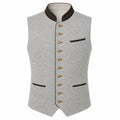 A light gray felted wool vest with dark brown trim, gold buttons, and a high stand collar, shown on a plain white background.