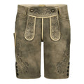 Brown leather shorts with floral embroidery on a white background