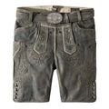 Traditional German Lederhosen with decorative stitching on a white background