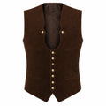 A dark brown suede vest with gold-tone decorative buttons, displayed against a solid white background.