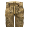 Brown leather shorts with decorative patterns on a white background
