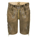 Brown leather shorts with floral embroidery on a white background