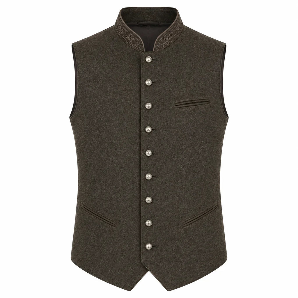 A dark brown wool vest with a mandarin collar, decorative silver-tone buttons down the front, and welt pockets, shown on a plain white background.