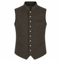 A dark brown wool vest with a mandarin collar, decorative silver-tone buttons down the front, and welt pockets, shown on a plain white background.