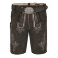 Brown leather shorts with intricate embroidery and a belt on a white background