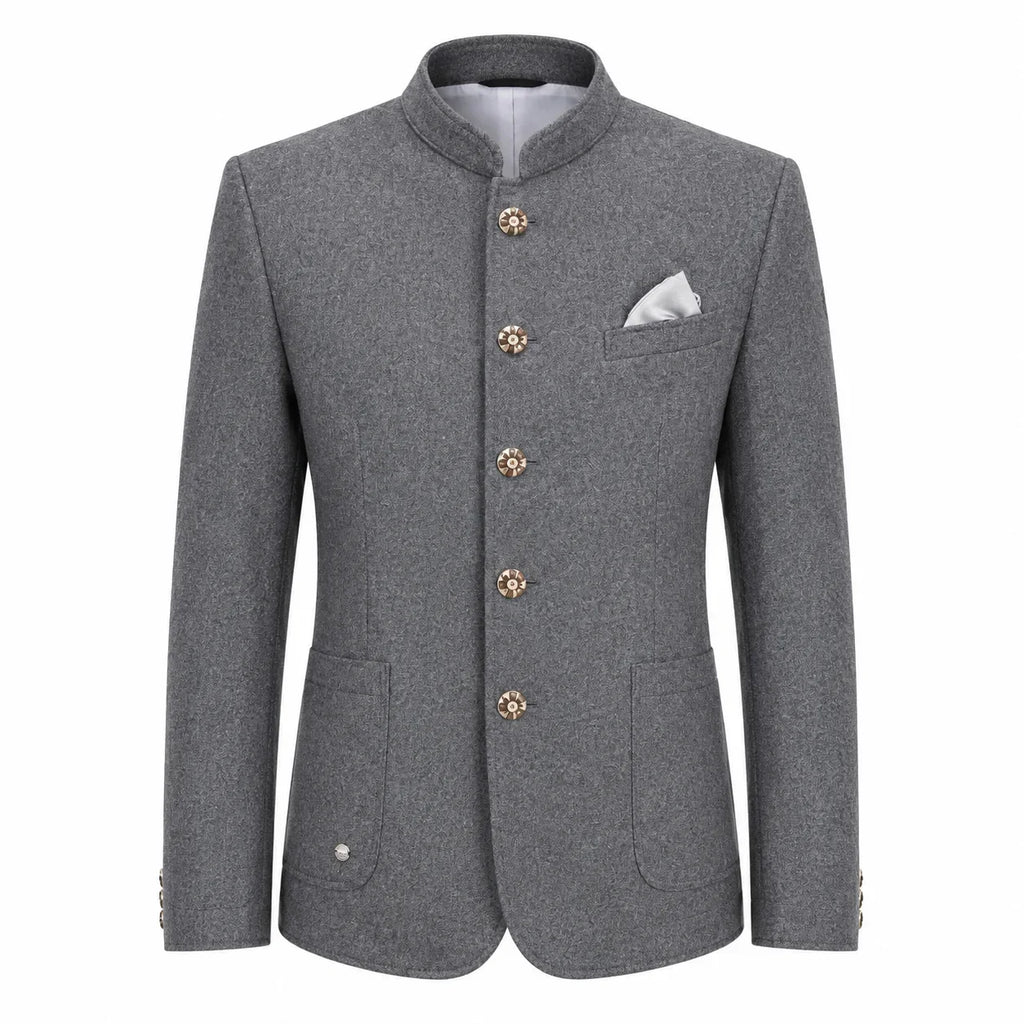 A men's gray textured blazer with a mandarin collar, decorative gold-tone buttons, a white pocket square, and flap pockets, shown on a plain white background.