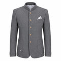 A men's gray textured blazer with a mandarin collar, decorative gold-tone buttons, a white pocket square, and flap pockets, shown on a plain white background.