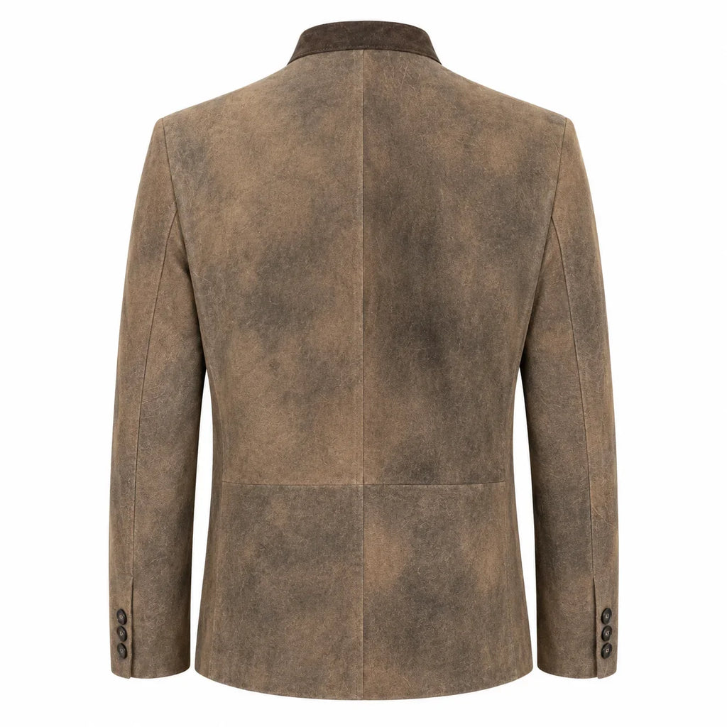 A brown textured suede or nubuck blazer shown from the back, featuring a central seam, notched lapels, and three buttons on each sleeve cuff, set against a plain white background.