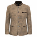 A men's traditional-style jacket in a textured taupe-brown fabric, featuring a mandarin collar with dark brown embroidered detailing, a front button closure, and a decorative embroidered pocket on the chest.