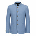 A men's light blue wool-blend jacket with a mandarin collar, five decorative gold-tone buttons, and front flap pockets, shown on a plain white background.