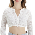 A woman wearing a white long sleeve dirndl blouse with floral lace and a V-neck.